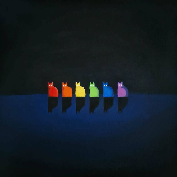 Surreal cat worlds with colorful cats in a dreamlike night setting, an artwork by an artist from Berlin.