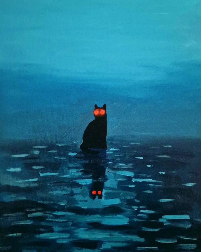Surreal cat world painting with glowing red eyes, reflecting on dark water under a deep blue dreamscape sky.