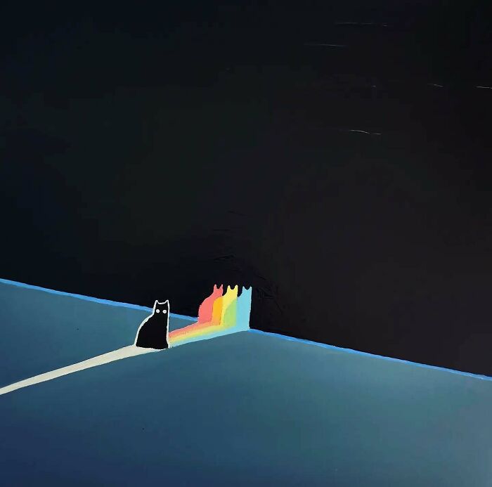 A surreal cat world with a black cat casting colorful rainbow shadows on a dark and blue dreamscape.