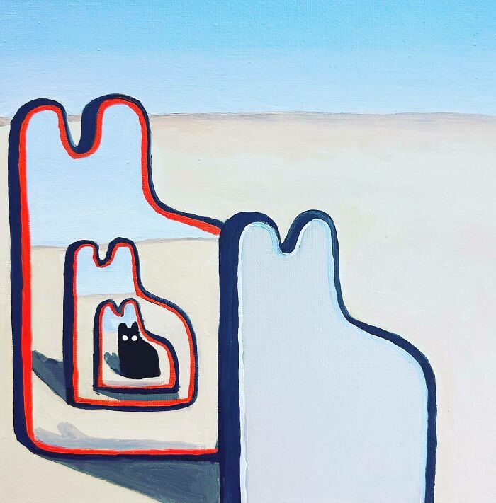 Surreal cat worlds artwork featuring nested abstract shapes and a black cat with wide eyes in a dreamlike desert setting.