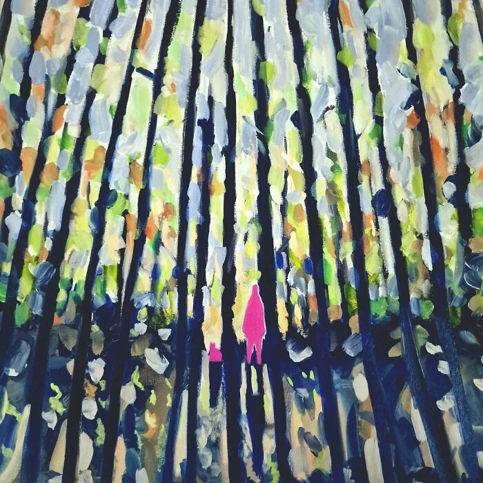 Surreal cat worlds painting showing tall trees with abstract colors and pink cat figures in a dreamscape style.