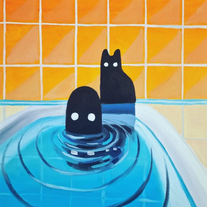 Surreal cat worlds depicted with black cat figures in a blue bathtub, set against a bright yellow tiled background.