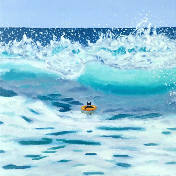 Surreal cat world painting showing a small black cat in an orange ring floating amid a dreamy ocean wave scene.
