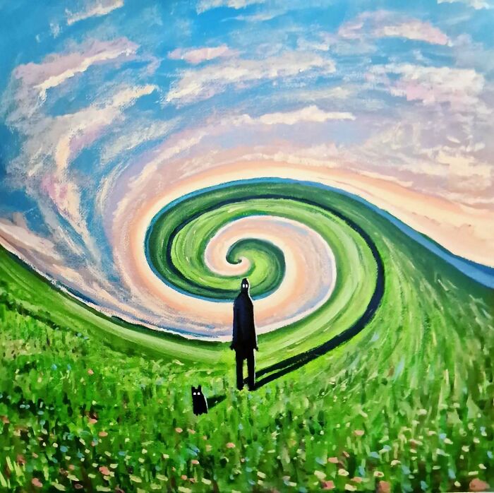 Surreal cat world painting with a figure and cat in a swirling dreamscape of vibrant green grass and colorful sky.