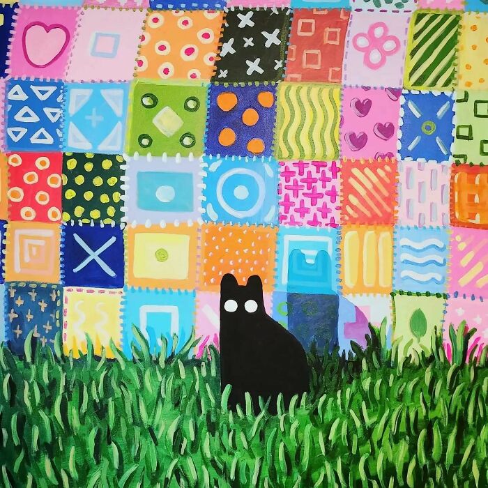 Black cat silhouette with white eyes in tall grass in front of colorful surreal patchwork wall in dreamscape style.