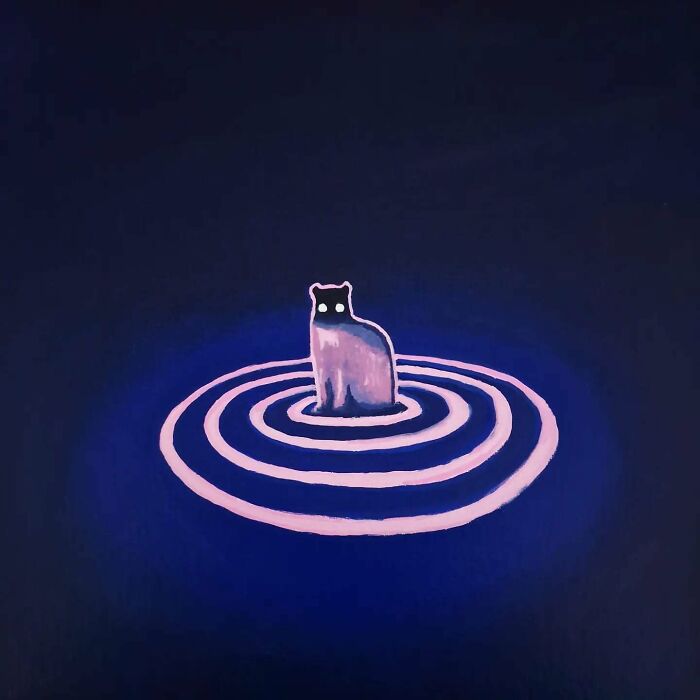 Surreal cat world artwork featuring a glowing cat with white eyes sitting in concentric pink circles on a dark background.