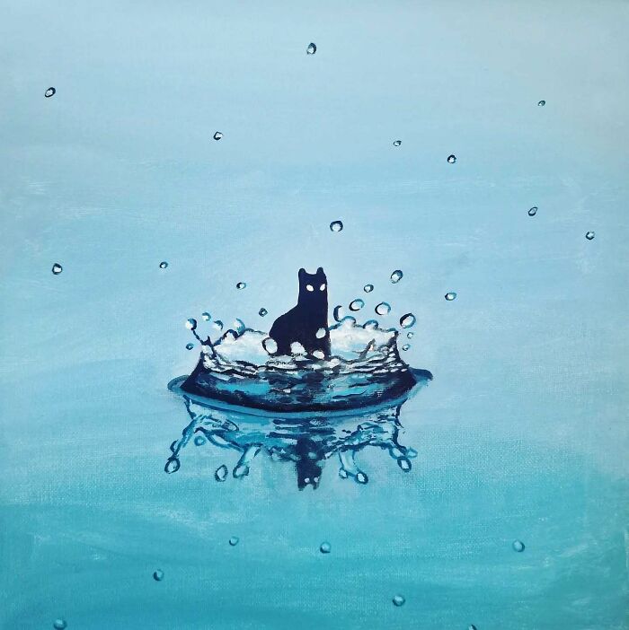 Surreal cat world artwork showing a black cat with glowing eyes in a water splash dreamscape.