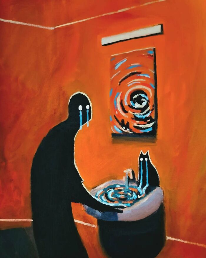 Surreal cat world artwork with a black figure and cat sharing blue tears in a dreamlike orange room.