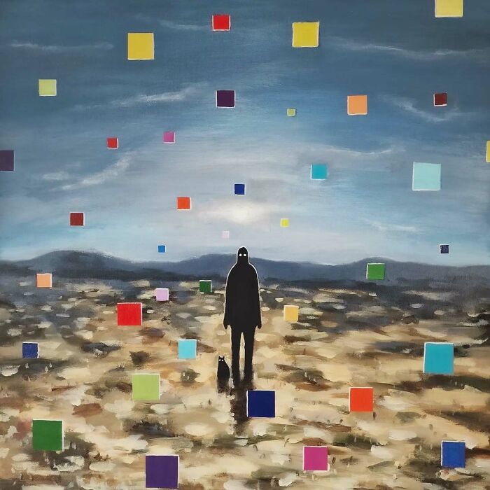 Silhouetted figure and cat surrounded by colorful floating cubes in a surreal cat world dreamscape by Berlin artist.