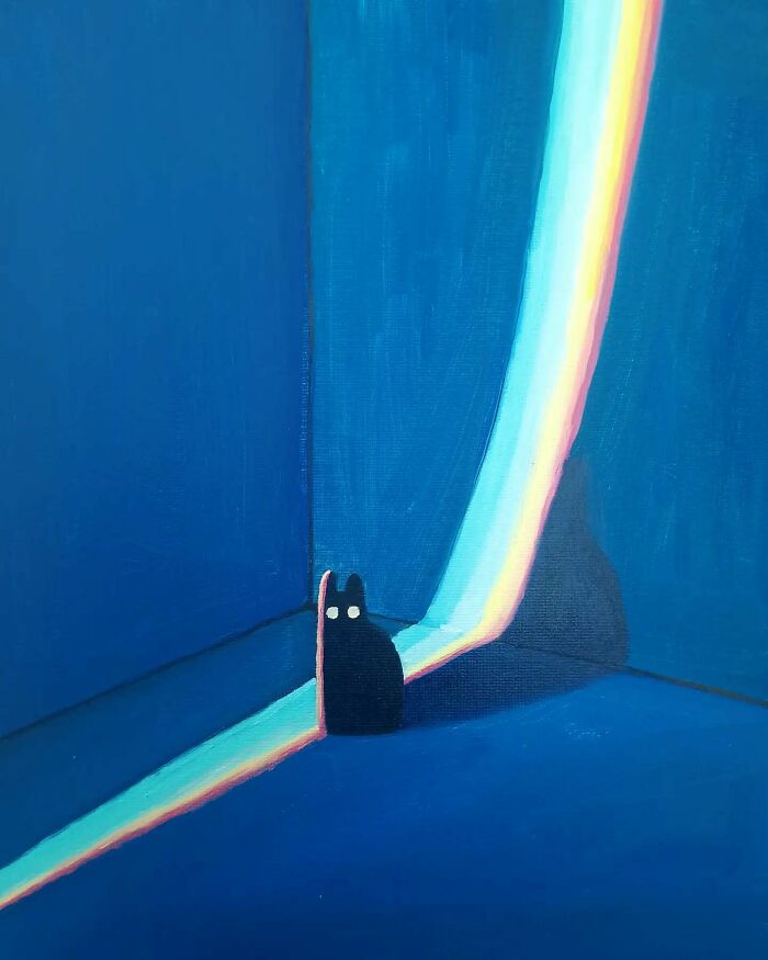 Surreal cat world painting featuring a black cat with glowing eyes in a blue dreamscape with colorful light streaks.