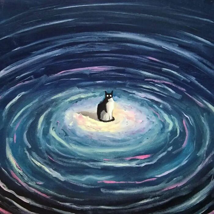 Surreal cat world painting with a black and white cat at the center of swirling dreamscape colors and patterns.