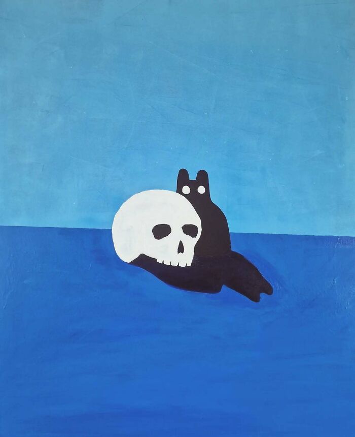 Surreal cat artwork featuring a black cat with glowing eyes beside a white skull in a dreamlike blue landscape.