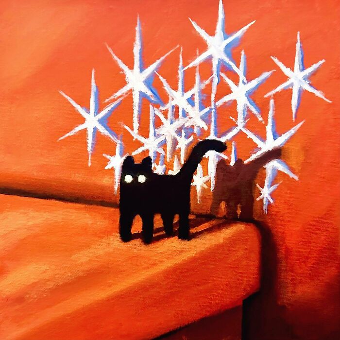 Surreal cat world painting with glowing eyes and sparkling stars on an orange dreamscape background.
