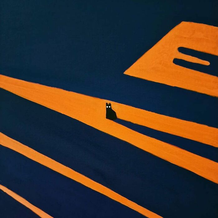 Surreal cat world artwork featuring a small black cat with glowing eyes amidst bold orange and dark blue dreamscape elements.