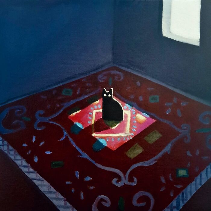 Surreal cat world painting featuring a black cat on a patterned rug in a dimly lit room with dreamlike atmosphere.