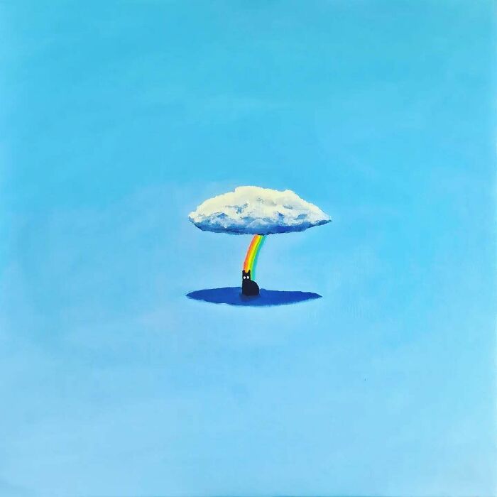 Surreal cat world with a black cat under a cloud emitting a rainbow on a bright blue dreamlike background.