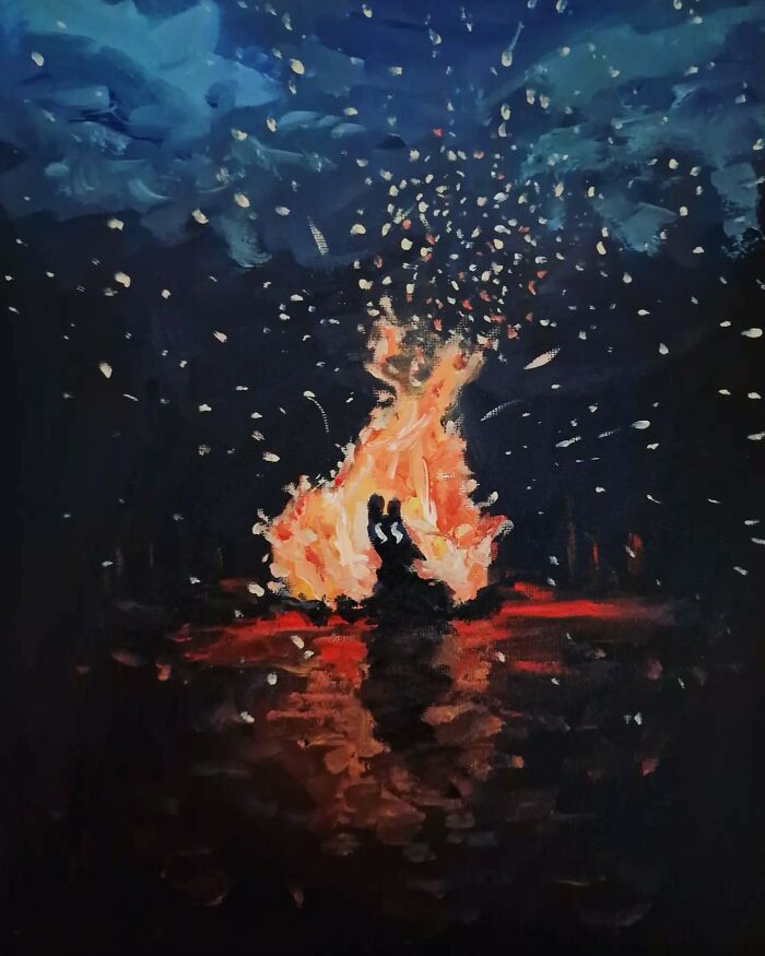 Surreal cat world painting with two cats by a large glowing fire under a starry night sky in a dreamscape setting.