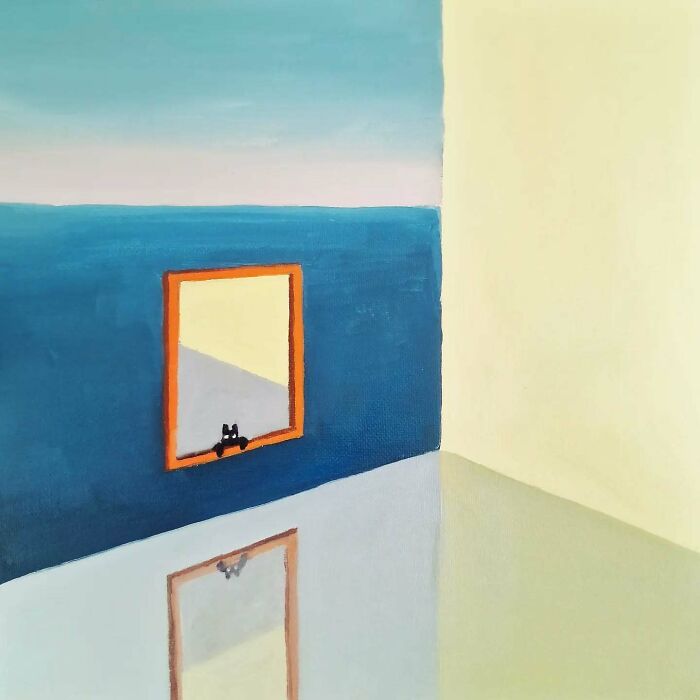 Surreal cat world painting with a small black cat in a window, reflecting dreamlike and minimal artistic elements.