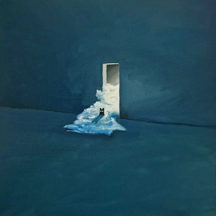 Surreal cat world art showing a black cat emerging from a doorway with flowing clouds on a dark blue background.