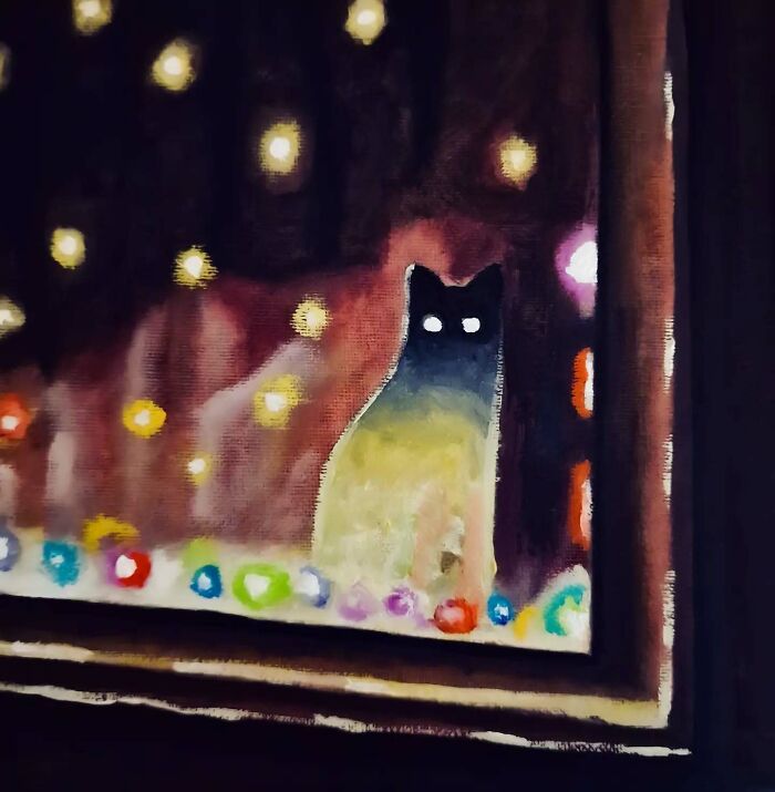 Surreal cat world painting with glowing eyes and colorful lights creating a dreamscape atmosphere from a Berlin artist.