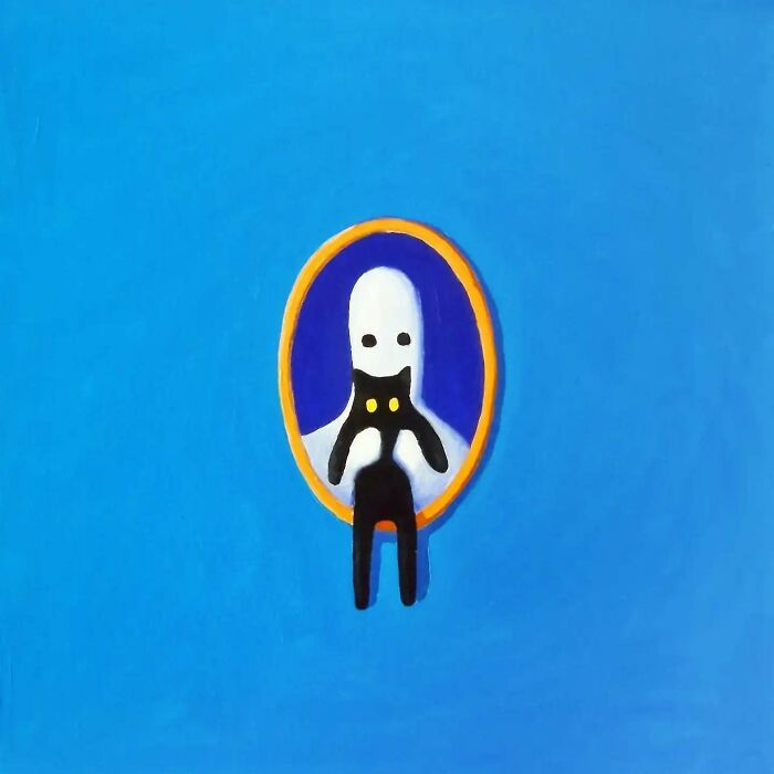 Surreal cat world painting features a black cat with glowing eyes in a dreamscape style on a blue background.