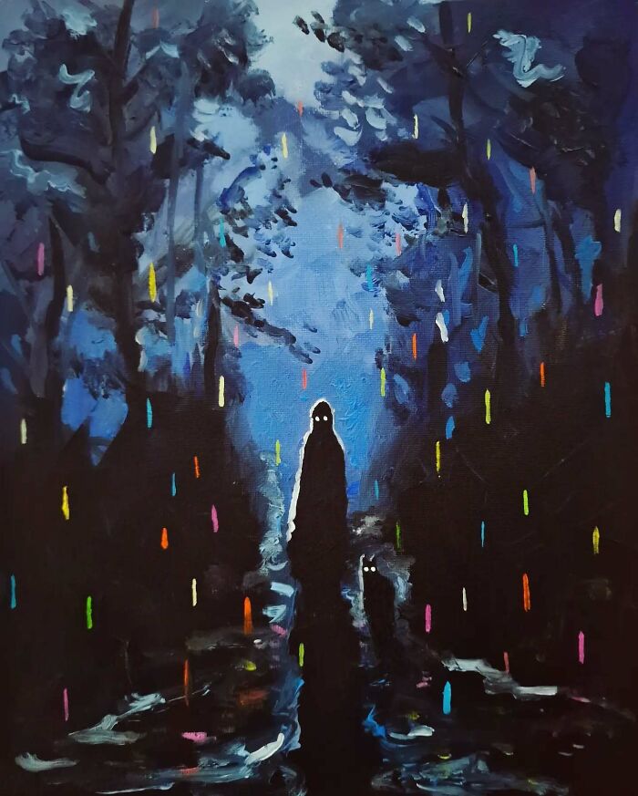 Silhouetted figure and cat with glowing eyes in a surreal cat world surrounded by dark dreamscape forest and colorful raindrops.