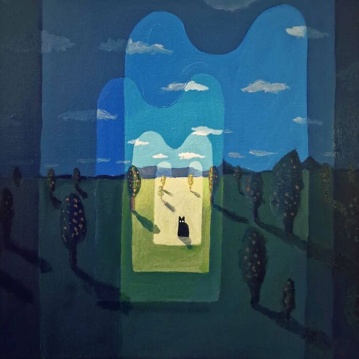 Surreal cat worlds painting with dreamlike blue sky, trees, and a black cat at the center in a whimsical landscape.