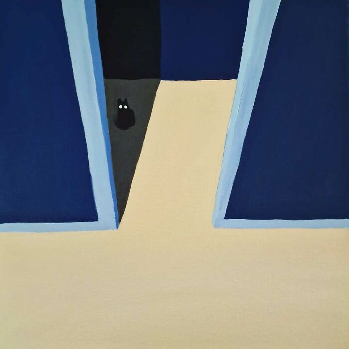 Surreal cat world painting with a small black cat and dreamscape colors of blue, beige, and dark gray geometric shapes.