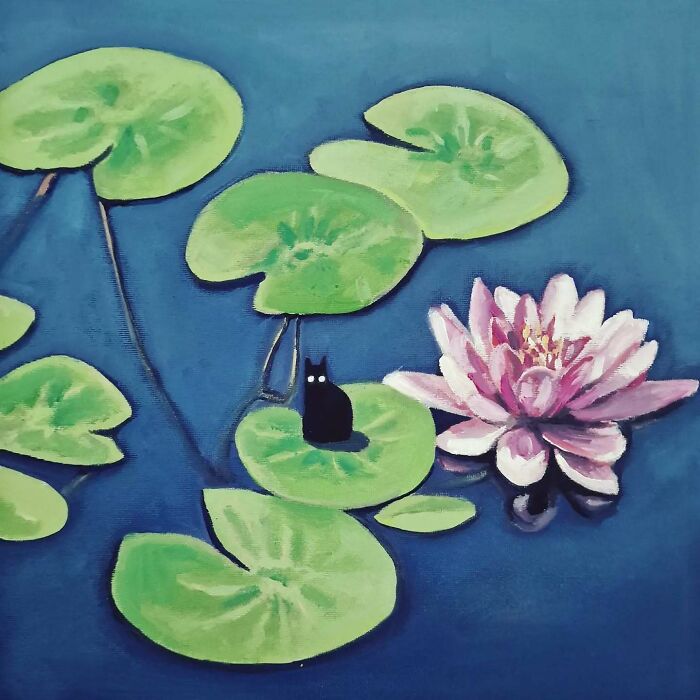 Surreal cat world painting with a black cat on a lily pad next to a pink water lily in a dreamlike blue pond setting.