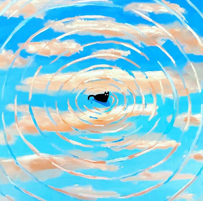 Surreal cat world painting showing a black cat at the center of concentric ripples against a blue sky with clouds.