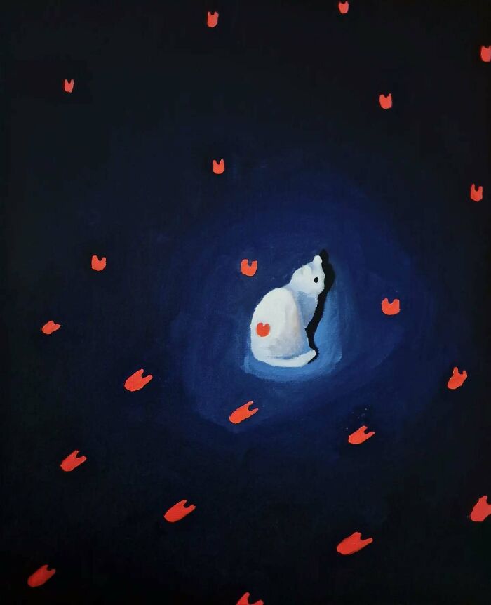 Surreal cat world painting with a white cat surrounded by glowing red shapes in a dark dreamscape environment.