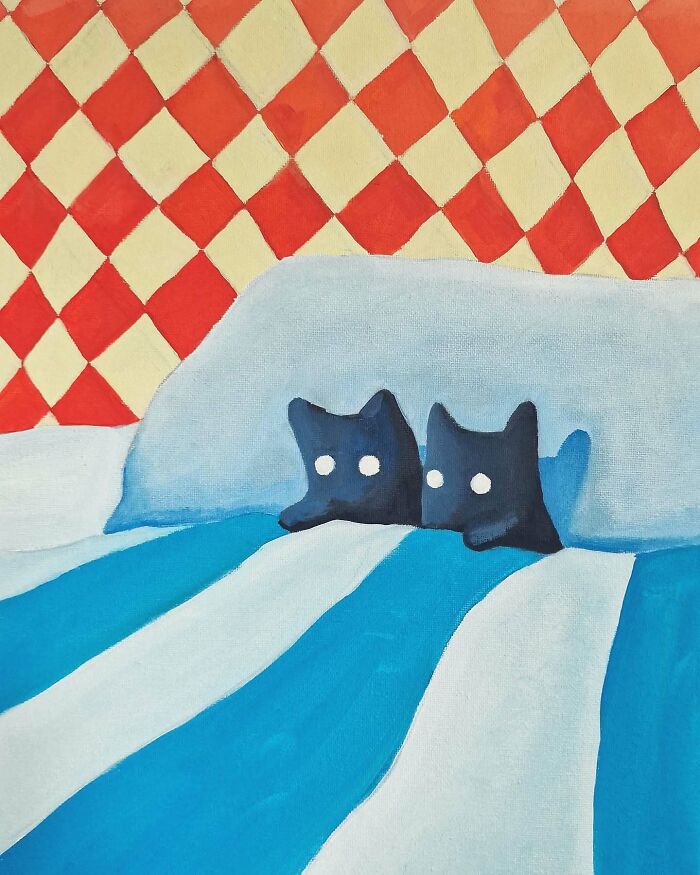Surreal cat worlds depicted with two black cat figures on a striped bed against a red and beige checkered wall.