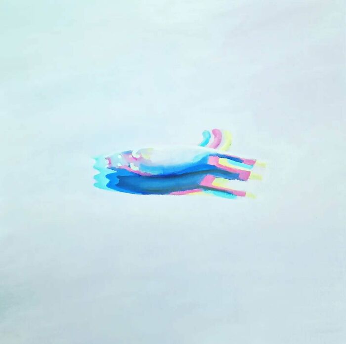 Surreal cat world artwork from Berlin artist showing a multicolored cat figure with dreamlike shadow effects on a pale background.