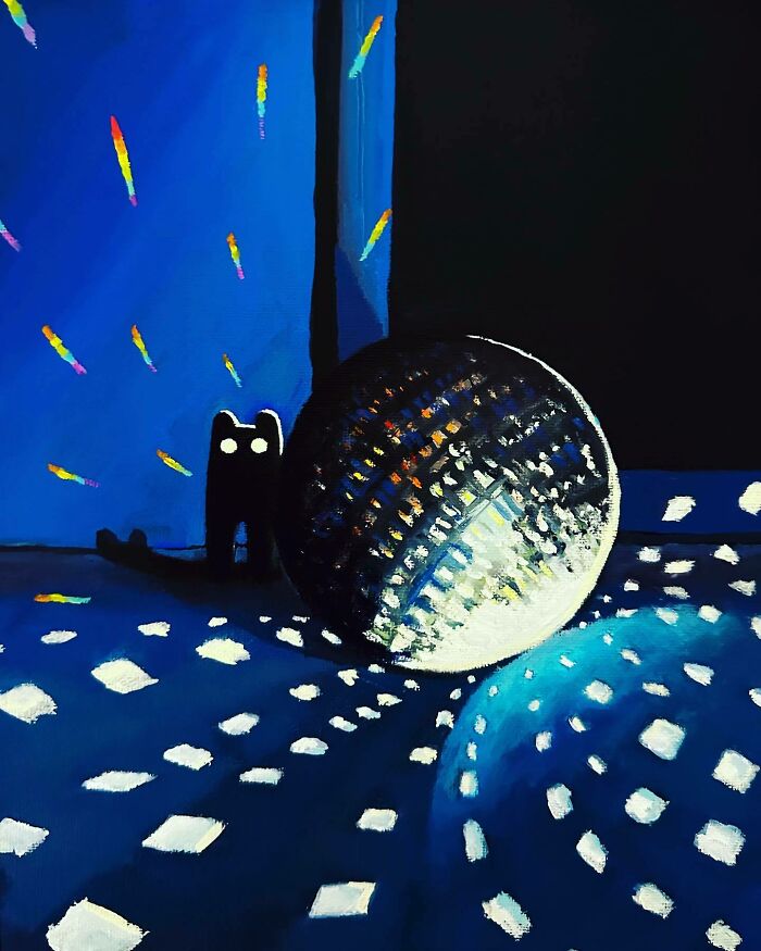 Surreal cat artwork from Berlin artist features a glowing cat silhouette and reflective dreamscape with bright light patterns.