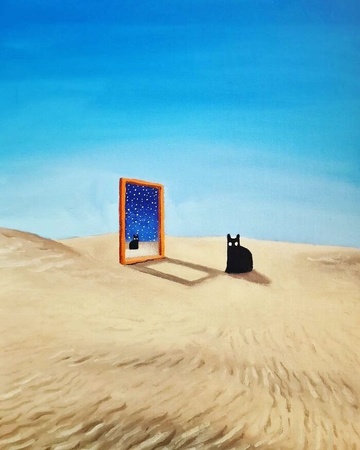 Surreal cat art shows a black cat sitting by a mirror reflecting a starry night in a sandy dreamscape under a blue sky.