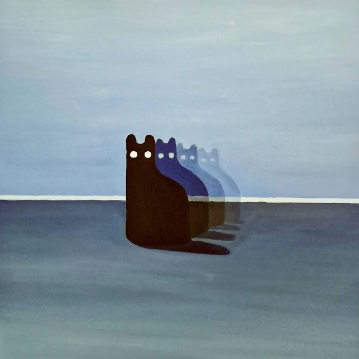 Surreal cat figures with glowing eyes in a dreamscape setting, blending mysterious shadows on a muted blue background.