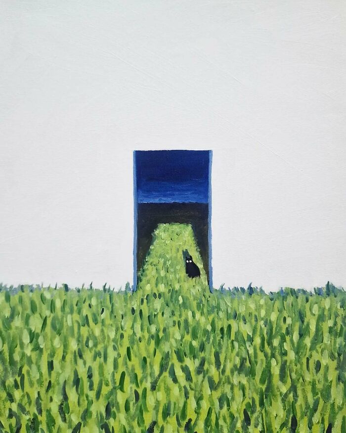 Surreal cat world painting from Berlin artist featuring a black cat in a dreamlike grassy field under a deep blue sky.