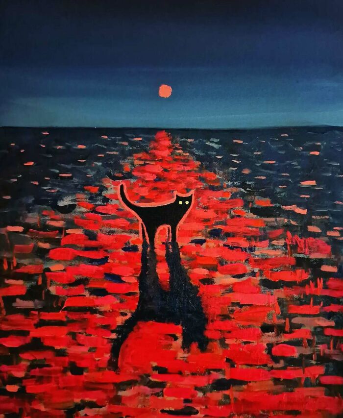 Surreal cat world painting showing a black cat with glowing eyes on a red and blue dreamlike abstract background.