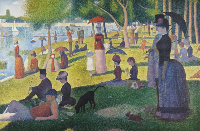 Pointillism style famous painting of a park scene with people relaxing along the river in a historic setting, art changed forever.