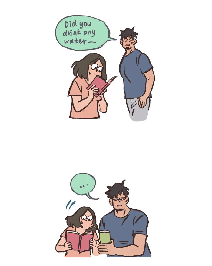 Malaysian artist's relatable drawing of life with her tall, geeky husband in casual, cozy reading moments together.