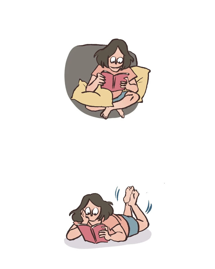 Malaysian artist's relatable drawing of life with her tall, geeky husband in casual, cozy reading moments together.