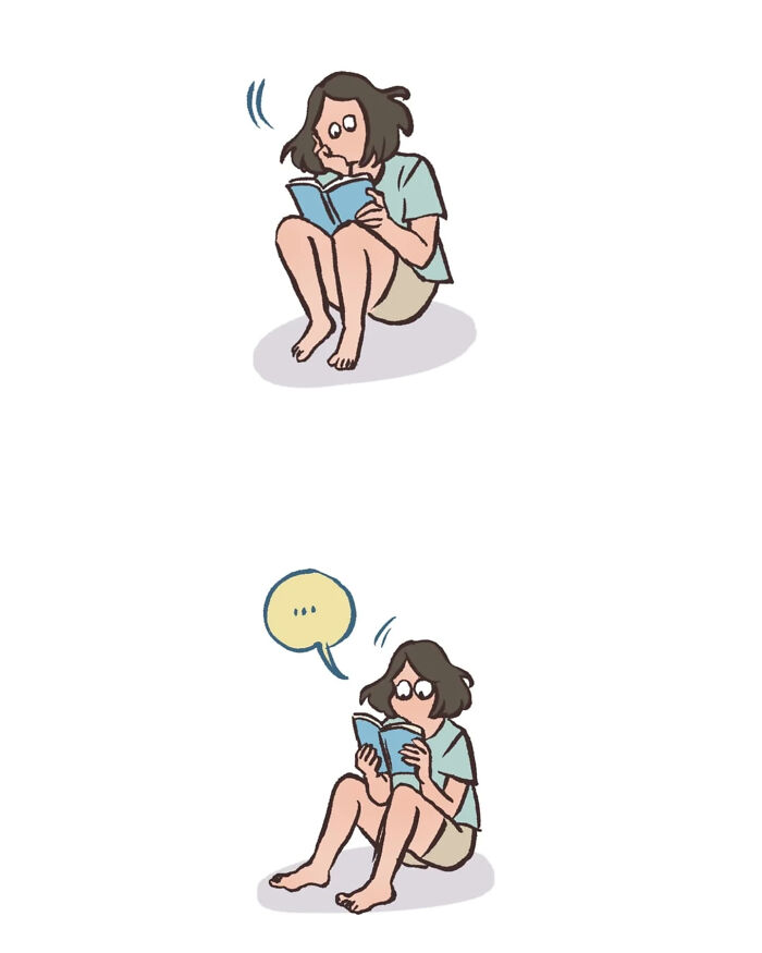 Malaysian artist's relatable drawing of life with her tall, geeky husband in casual, cozy reading moments together.