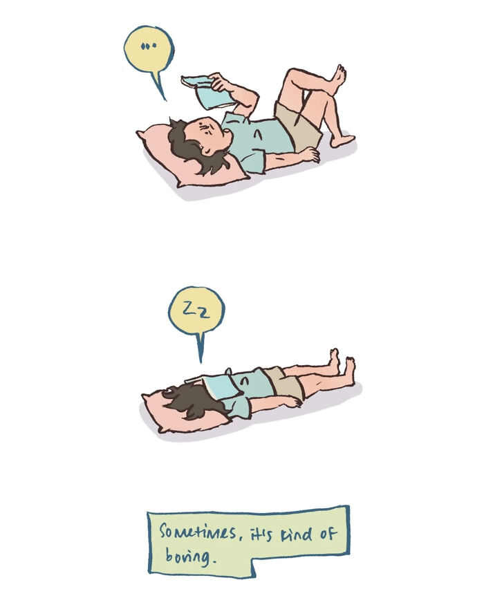 Malaysian artist's relatable drawing of life with her tall, geeky husband in casual, cozy reading moments together.