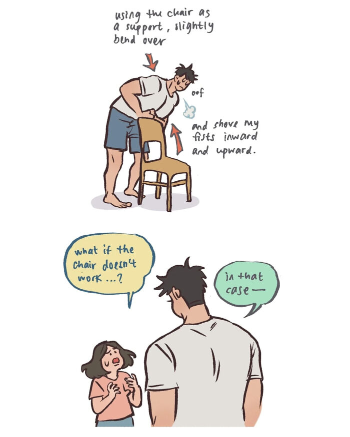 Malaysian artist cartoon showing life with her tall, geeky husband during a Heimlich maneuver while eating.