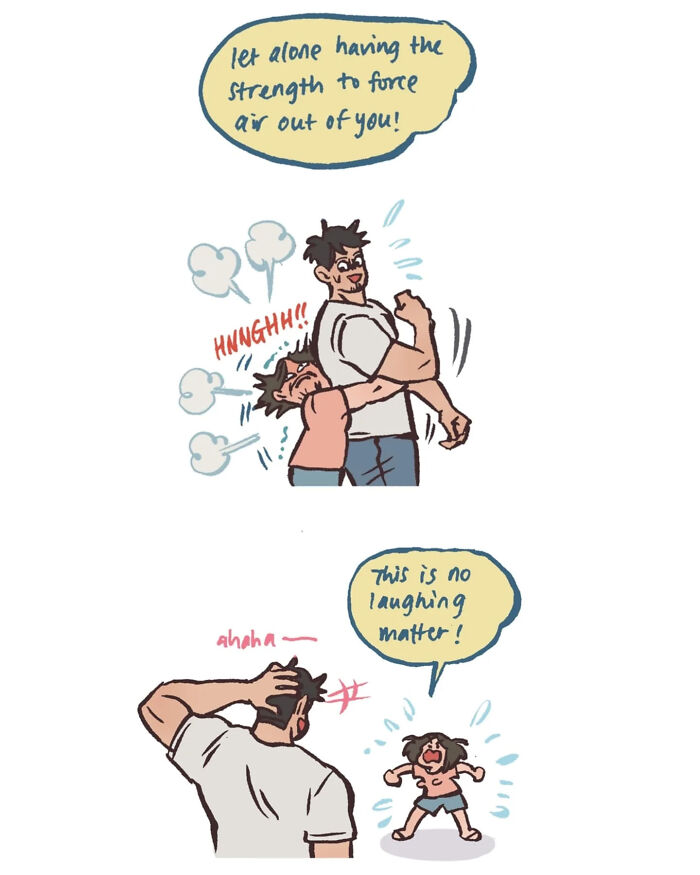 Malaysian artist cartoon showing life with her tall, geeky husband during a Heimlich maneuver while eating.