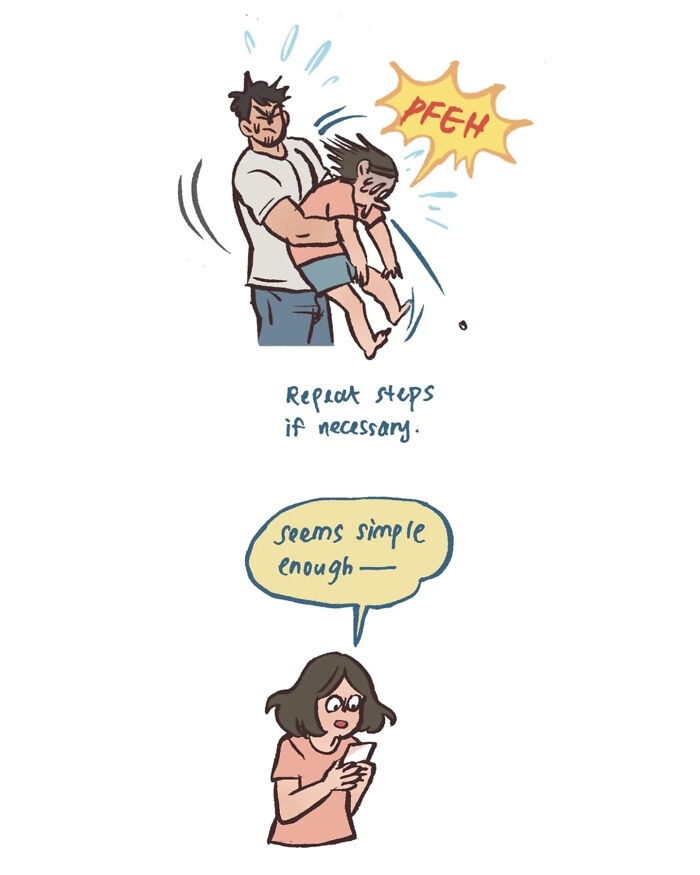 Malaysian artist cartoon showing life with her tall, geeky husband during a Heimlich maneuver while eating.