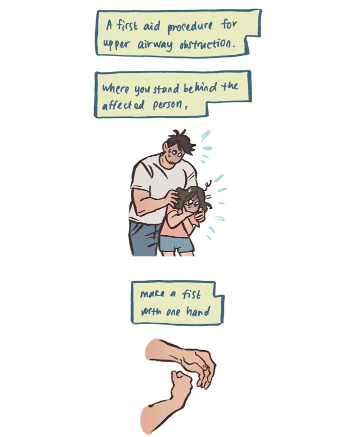 Malaysian artist cartoon showing life with her tall, geeky husband during a Heimlich maneuver while eating.