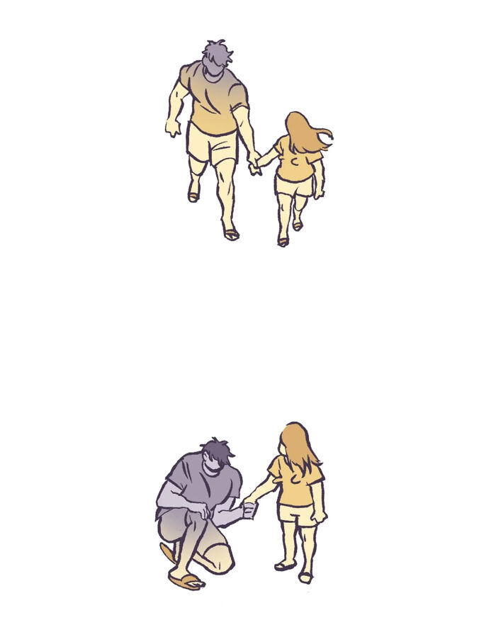 Illustration of a tall, geeky husband and wife holding hands and walking together, capturing relatable moments.