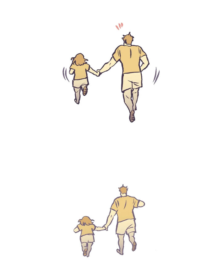 Illustration of a tall, geeky husband and wife holding hands and walking together, capturing relatable moments.