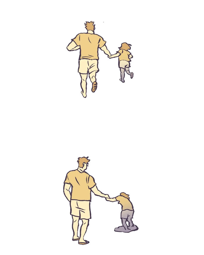 Illustration of a tall, geeky husband and wife holding hands and walking together, capturing relatable moments.